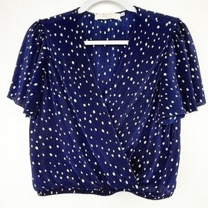 ASTR the Label Women's Navy Blue Polka Dot Pleated‎ Short Sleeve Wrap Top